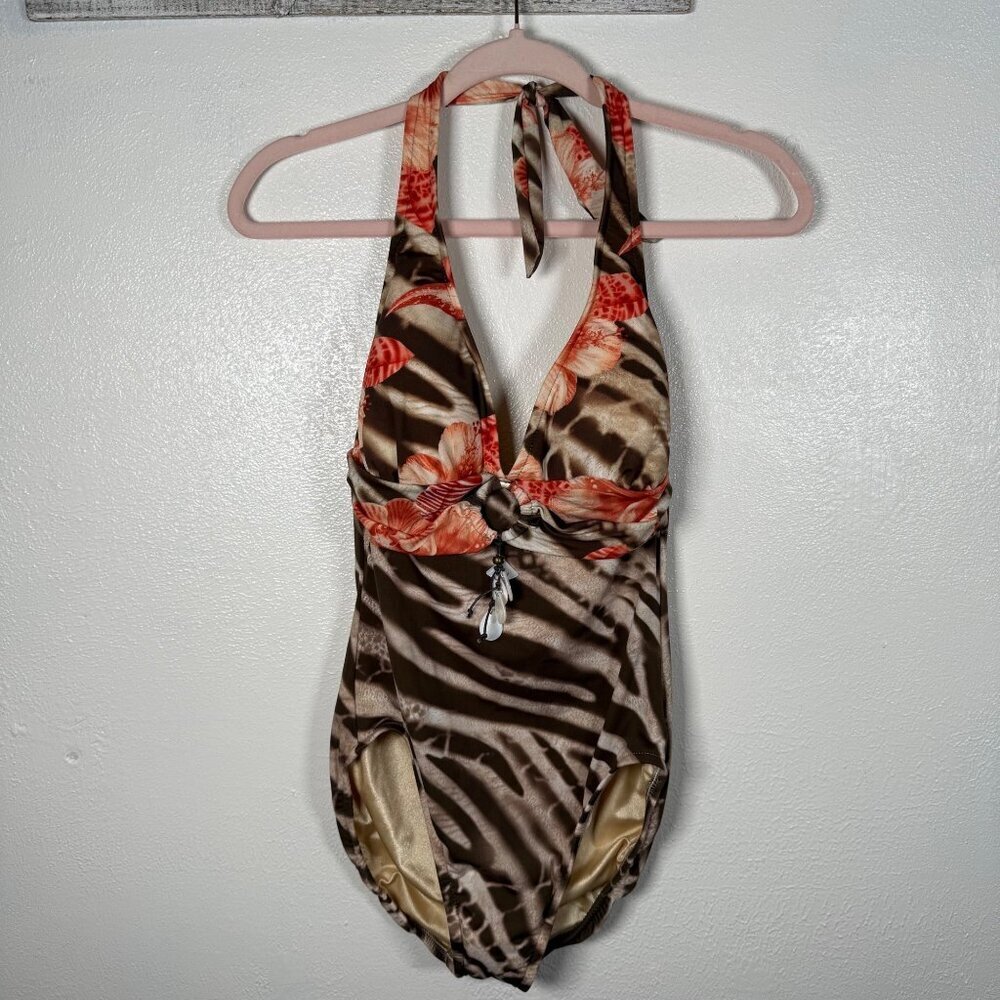 Niki Wior Animal Print Halter Slimming One Piece Swimsuit Size10 New MobWife